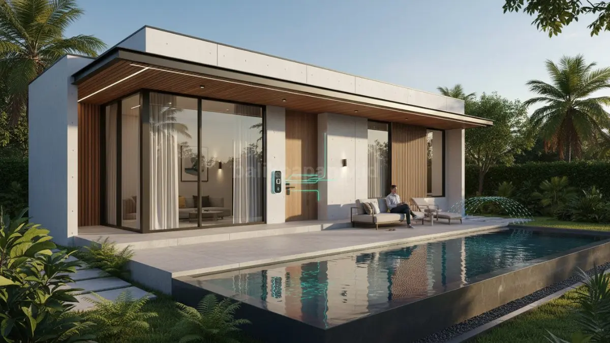 Ilustrasi rumah minimalis dengan sistem smart home terhubung smartphone