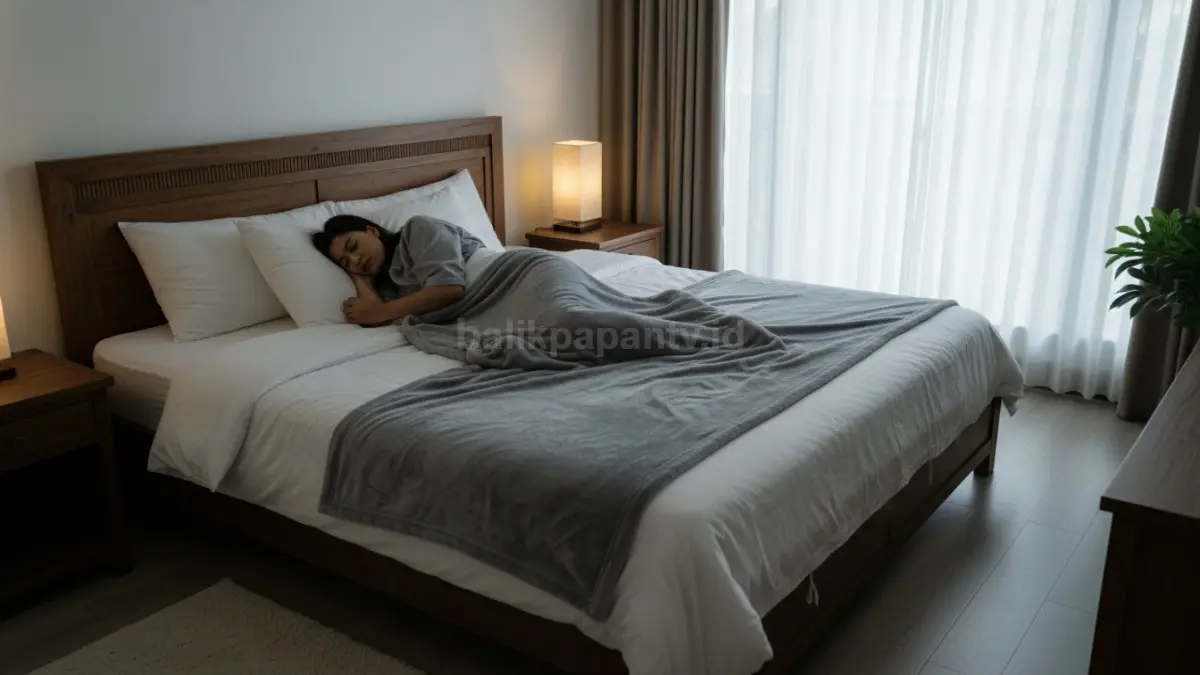 Ilustrasi seseorang tidur nyenyak di kamar dengan pencahayaan redup dan suasana tenang, menggambarkan pola tidur teratur dan cukup sebagai kunci menjaga hormon tubuh dan daya tahan tetap optimal.