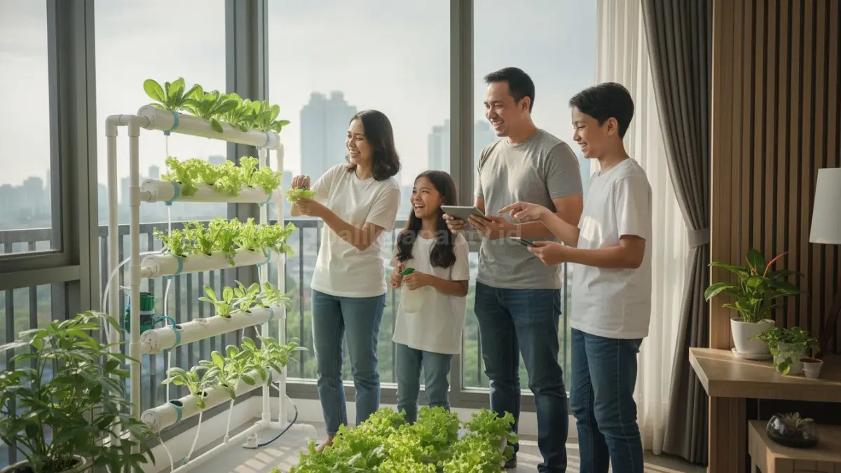 Instalasi hidroponik sederhana dengan rak vertikal berisi tanaman selada dan sawi, memperlihatkan solusi berkebun modern yang bersih, hemat tempat, dan cepat panen di rumah perkotaan.