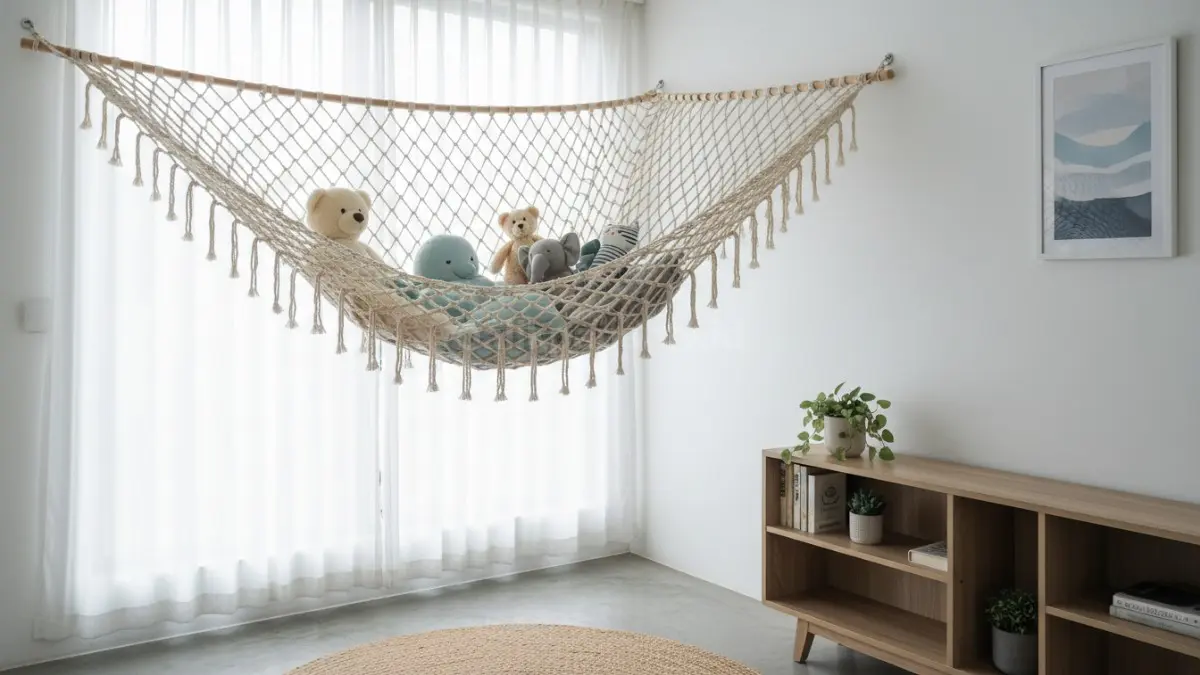 Jaring gantung sudut kamar untuk menyimpan boneka ringan
