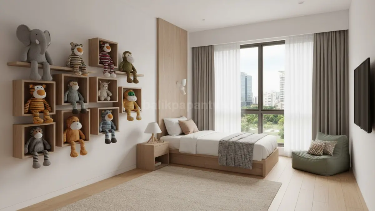 Kamar anak rapi dengan rak boneka tertata estetik, ruang terlihat luas dan nyaman

