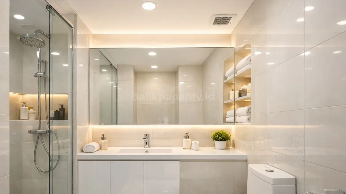 Kamar mandi kecil tanpa jendela dengan lampu LED terang dan cermin besar estetik.