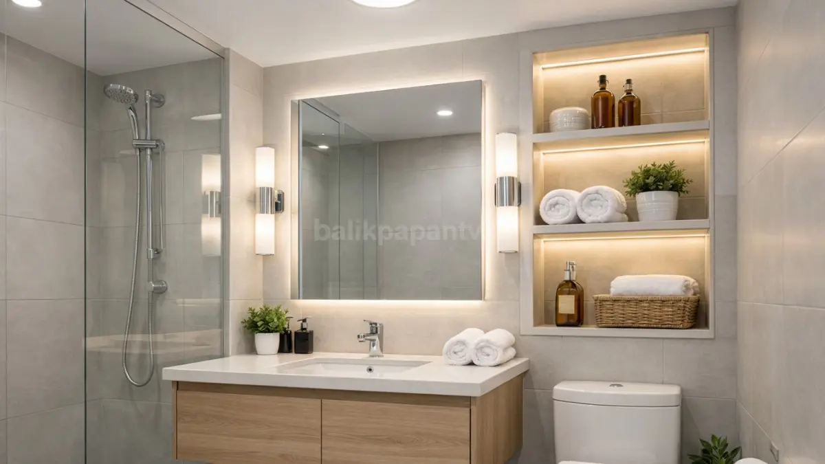 Kamar mandi minimalis dengan lampu LED putih netral dan pencahayaan berlapis.