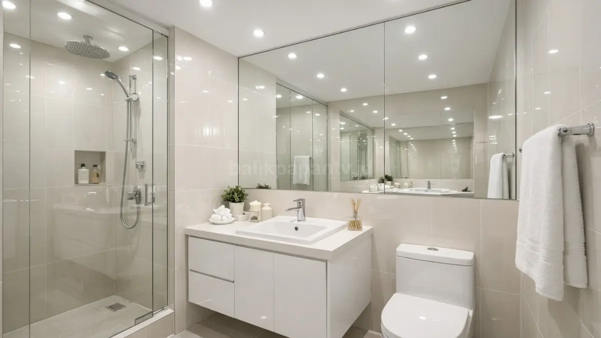 Kamar mandi minimalis dengan warna terang dan material reflektif.