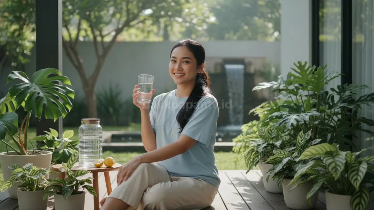 kebiasaan minum air putih cukup setiap hari untuk membantu melancarkan pencernaan, menjaga hidrasi tubuh, dan mencegah sembelit akibat kurang cairan.