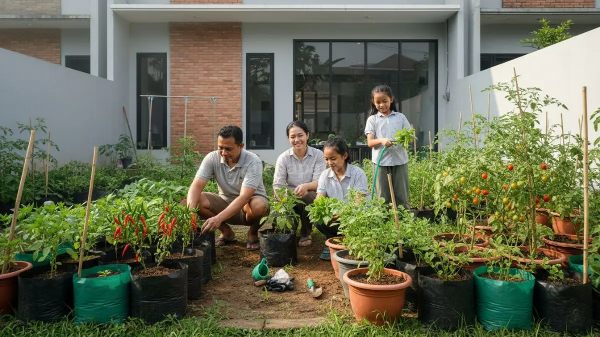 Kebun pekarangan mini dengan pot dan polybag berisi bayam, cabai, dan tomat, terlihat aktivitas keluarga menanam bersama yang sederhana namun produktif untuk kebutuhan dapur harian.