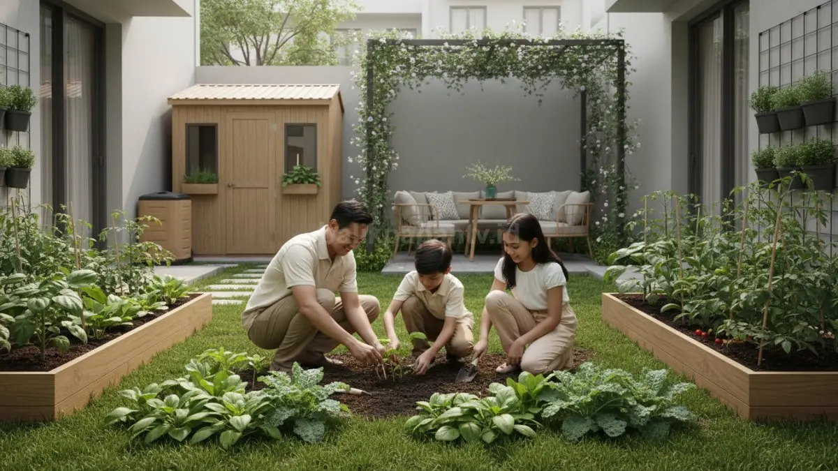Keluarga sedang menanam sayur bersama di halaman rumah kecil yang hijau