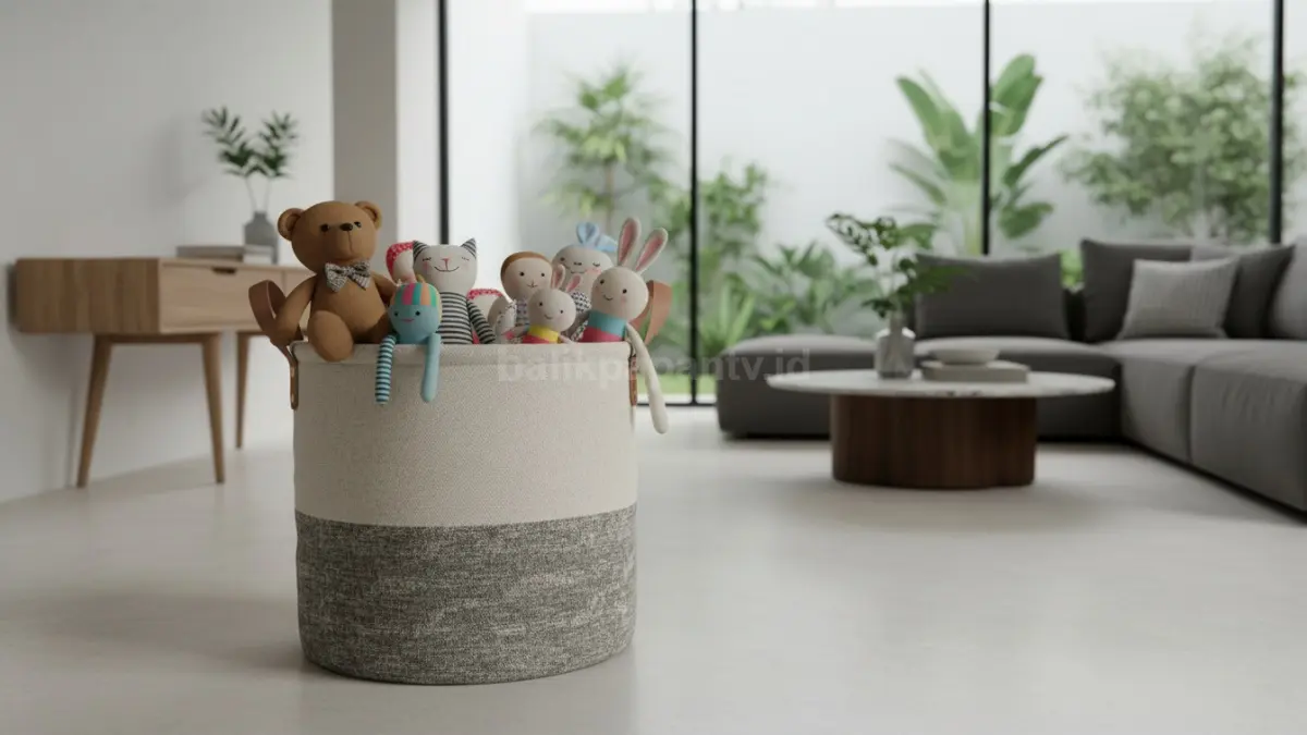 Keranjang kain berisi boneka sebagai solusi penyimpanan praktis
