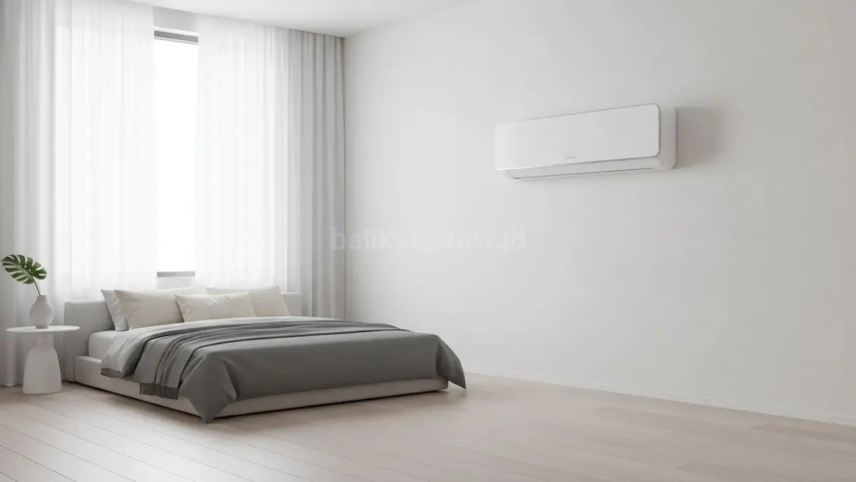 Kipas angin AC desain putih minimalis terpasang rapi di dinding kamar modern