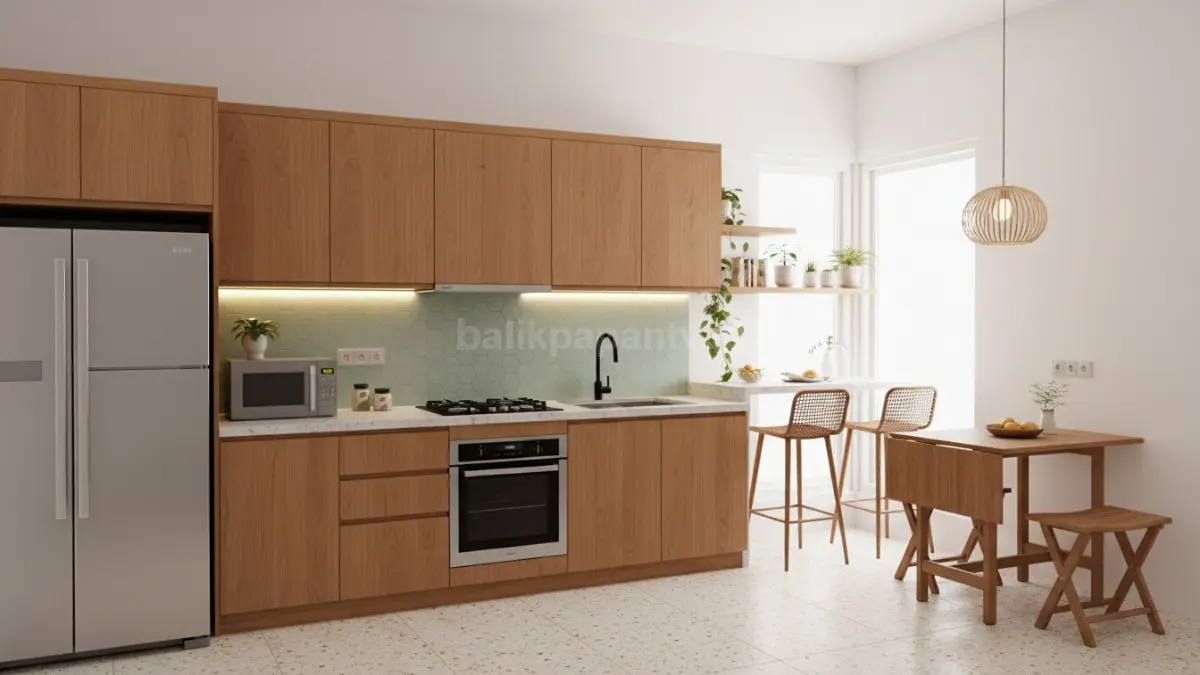 Kitchen set permanen modern minimalis dengan tata ruang rapi dan pencahayaan hangat