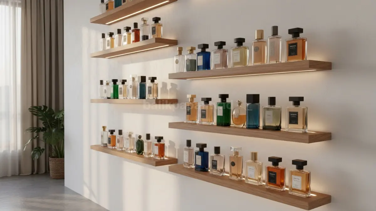 Koleksi parfum tersusun rapi di rak estetik dengan pencahayaan hangat
