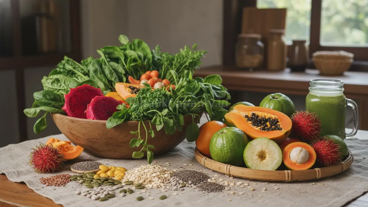 konsumsi serat harian dari sayur hijau, buah, dan biji-bijian yang membantu melancarkan pencernaan dan mencegah penumpukan di usus, kebiasaan sederhana yang penting diterapkan secara rutin.