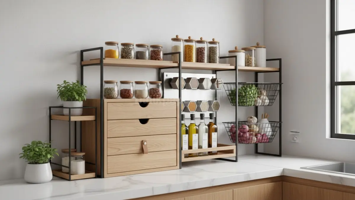 Model rak bumbu dapur modern dengan berbagai gaya penyimpanan
