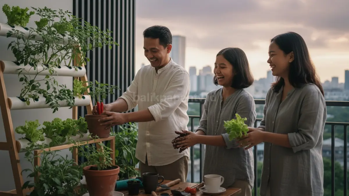 Momen keluarga urban menanam sayur seperti cabai dan kangkung di halaman rumah atau balkon, menghadirkan suasana hangat tanpa gadget sekaligus memperkuat interaksi dan kebersamaan di tengah gaya hidup digital modern.