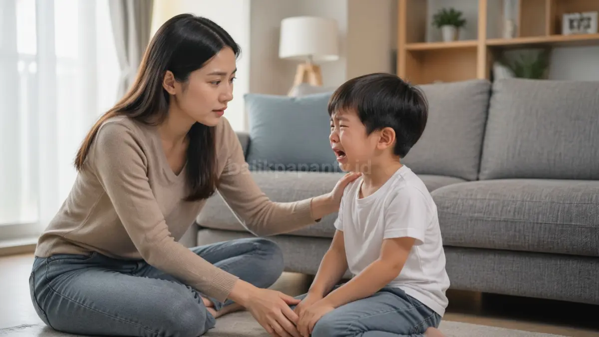 Orang tua menenangkan anak tantrum dengan ekspresi tenang di ruang keluarga modern.