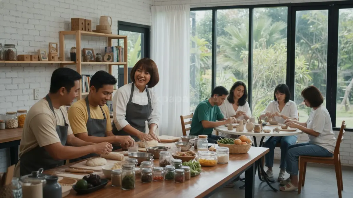 Peserta mengikuti kelas kreatif seperti memasak atau kerajinan tangan dalam suasana santai, memperlihatkan interaksi langsung yang hangat sambil belajar keterampilan baru bersama.