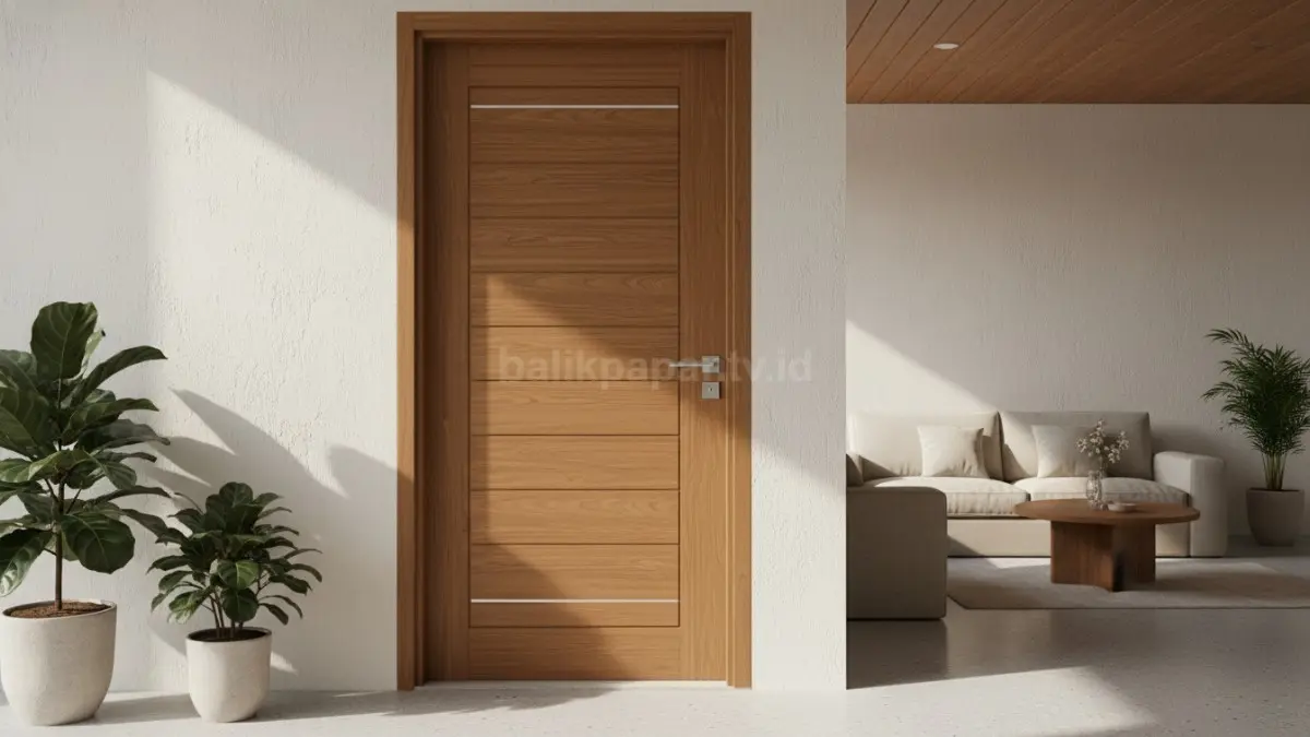 Pintu kayu solid dengan aksen garis sederhana