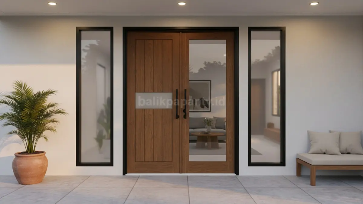Pintu ruang tamu minimalis modern dengan desain kaca dan pencahayaan alami