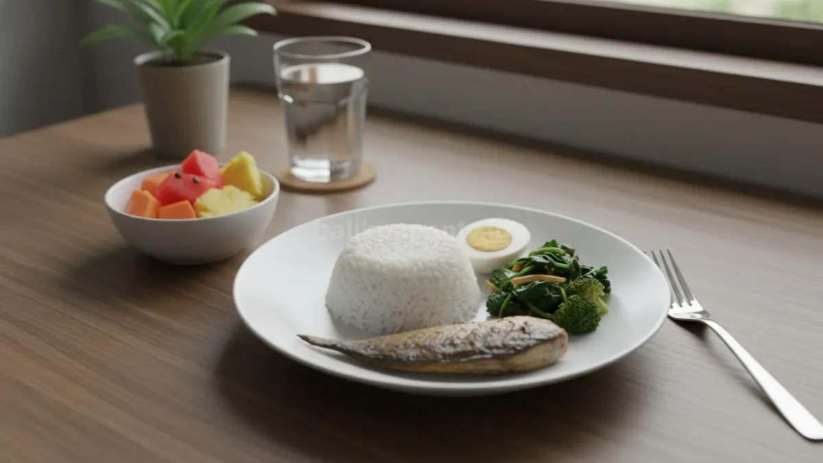 Piring makan berisi nasi secukupnya, lauk ikan dan telur, dilengkapi sayur hijau serta potongan buah di sampingnya. Tampilan sederhana namun seimbang ini menggambarkan pola makan harian yang membantu menjaga energi stabil dan mengontrol rasa lapar.