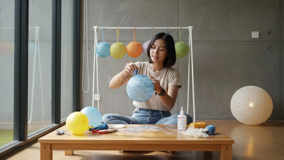 proses membuat lampu hias dari benang dan balon
