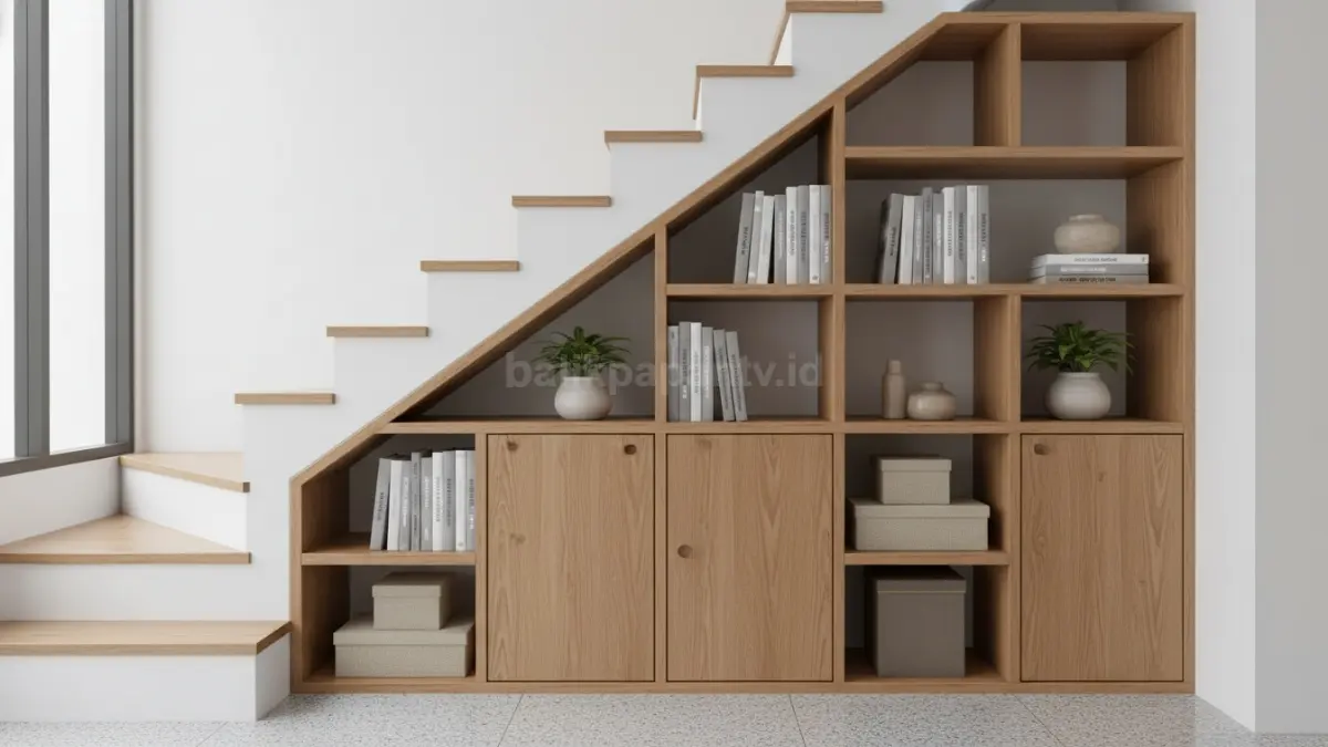 Rak bawah tangga minimalis modern dengan desain multifungsi dan rapi