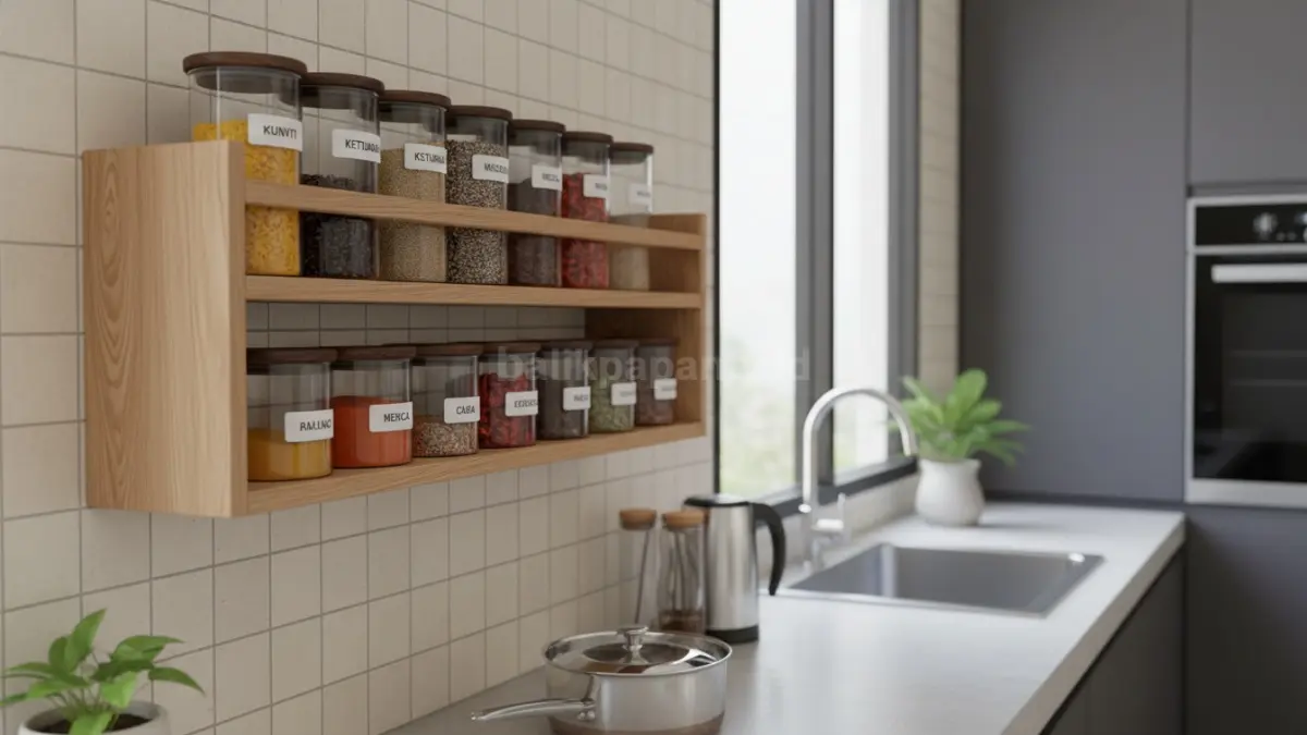 Rak bumbu dapur minimalis rapi dengan wadah transparan, solusi dapur modern yang praktis
