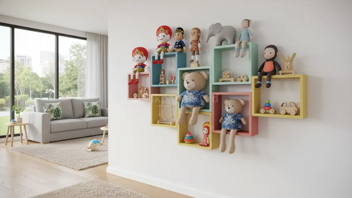 Rak dinding boneka anak tersusun rapi dengan warna menarik
