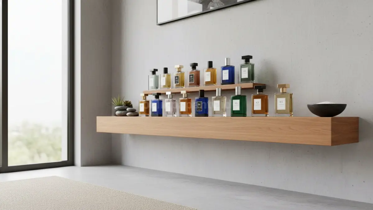 Rak display parfum dengan susunan botol yang tertata

