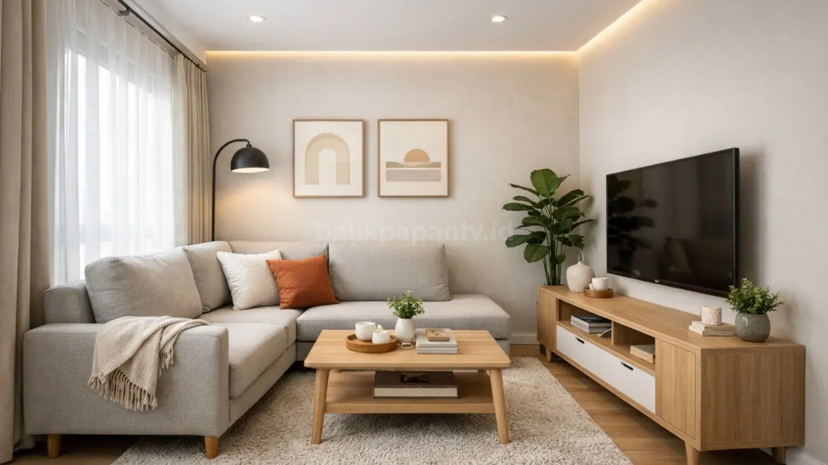 Ruang tamu minimalis modern dengan ukuran ideal dan pencahayaan alami.