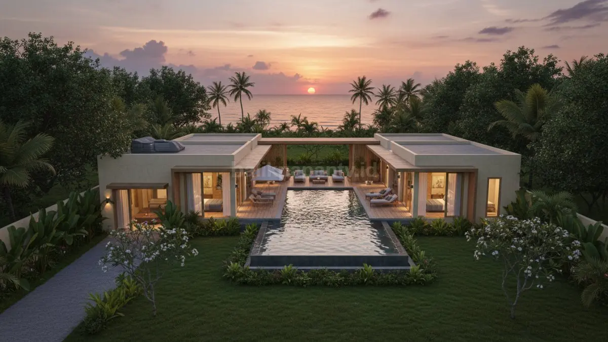 Rumah di pantai dengan kolam ditengah
