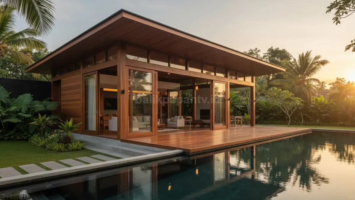 Rumah kayu jati modern dengan desain minimalis tropis yang terlihat hangat dan estetik
