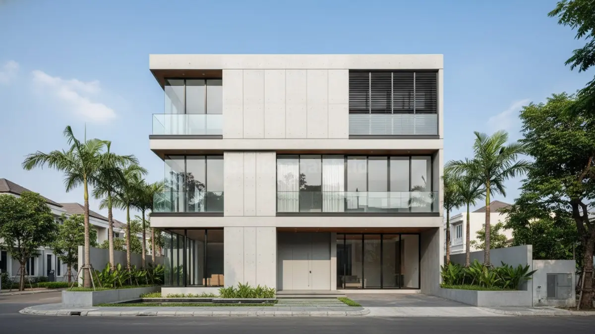 rumah tiga lantai minimalis modern dengan desain fasad bersih
