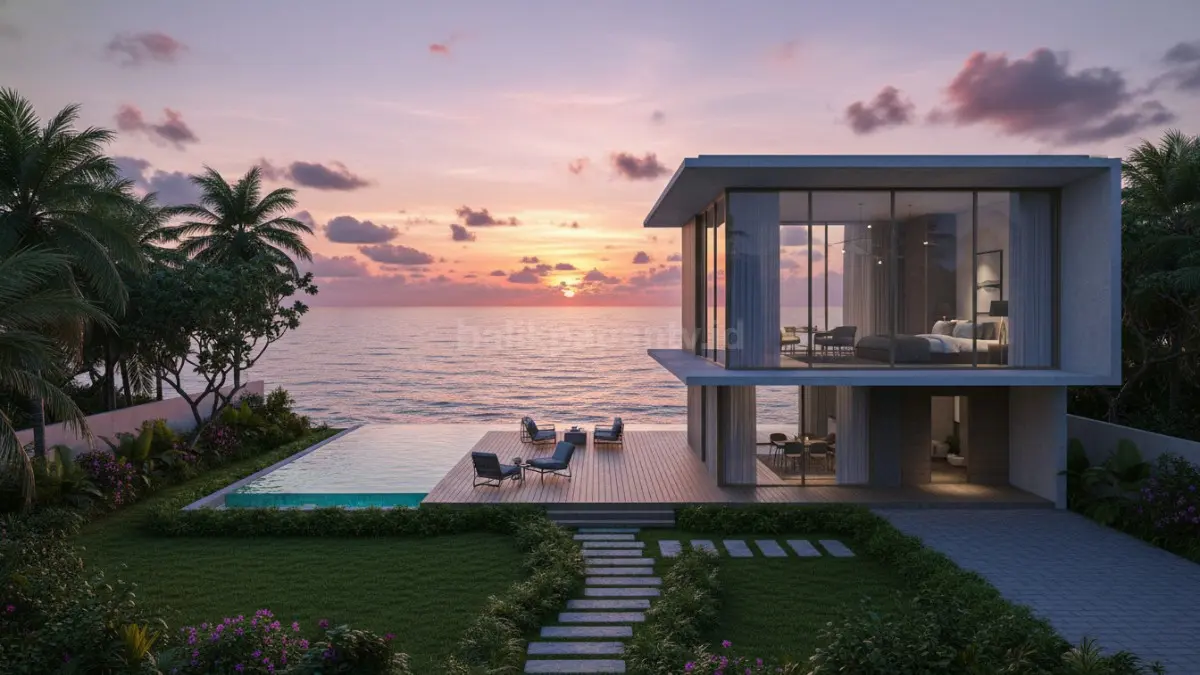 Rumah tipe 36 di pinggir pantai dengan kolam renang kecil dan teras sunset estetik