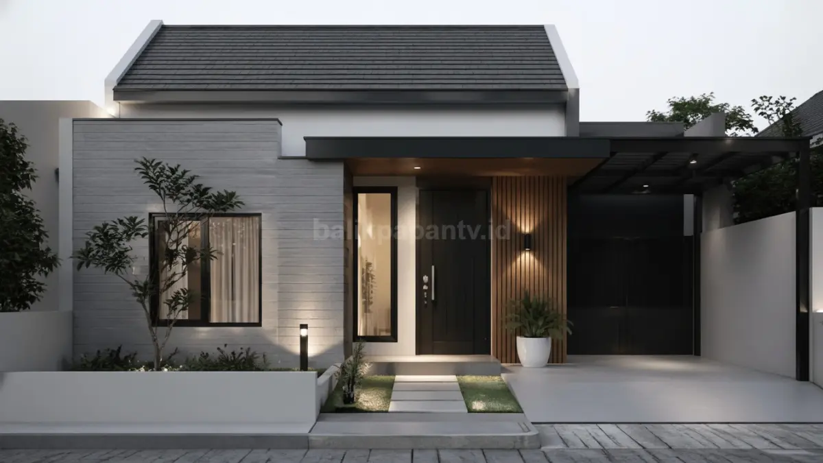 Rumah tipe 45 dengan desain fasad clean modern.
