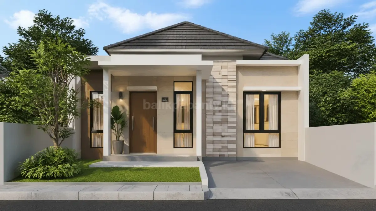 Rumah tipe 45 minimalis modern dengan desain fasad elegan dan pencahayaan alami.