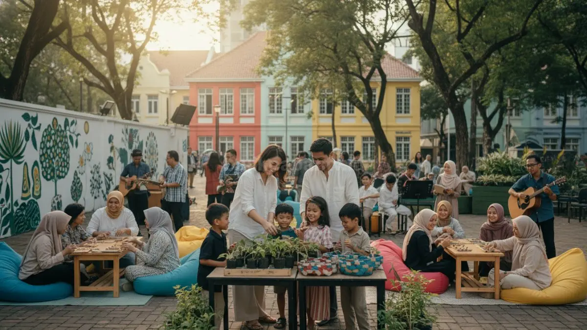 Sekelompok orang berinteraksi dalam kegiatan komunitas dengan suasana hangat dan aktif