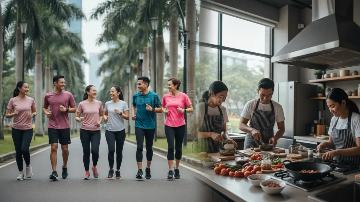 Sekelompok orang berkumpul dalam komunitas seperti lari atau kelas memasak, menunjukkan interaksi hangat dan kebersamaan yang membantu membangun koneksi serta dukungan emosional di kehidupan modern.
