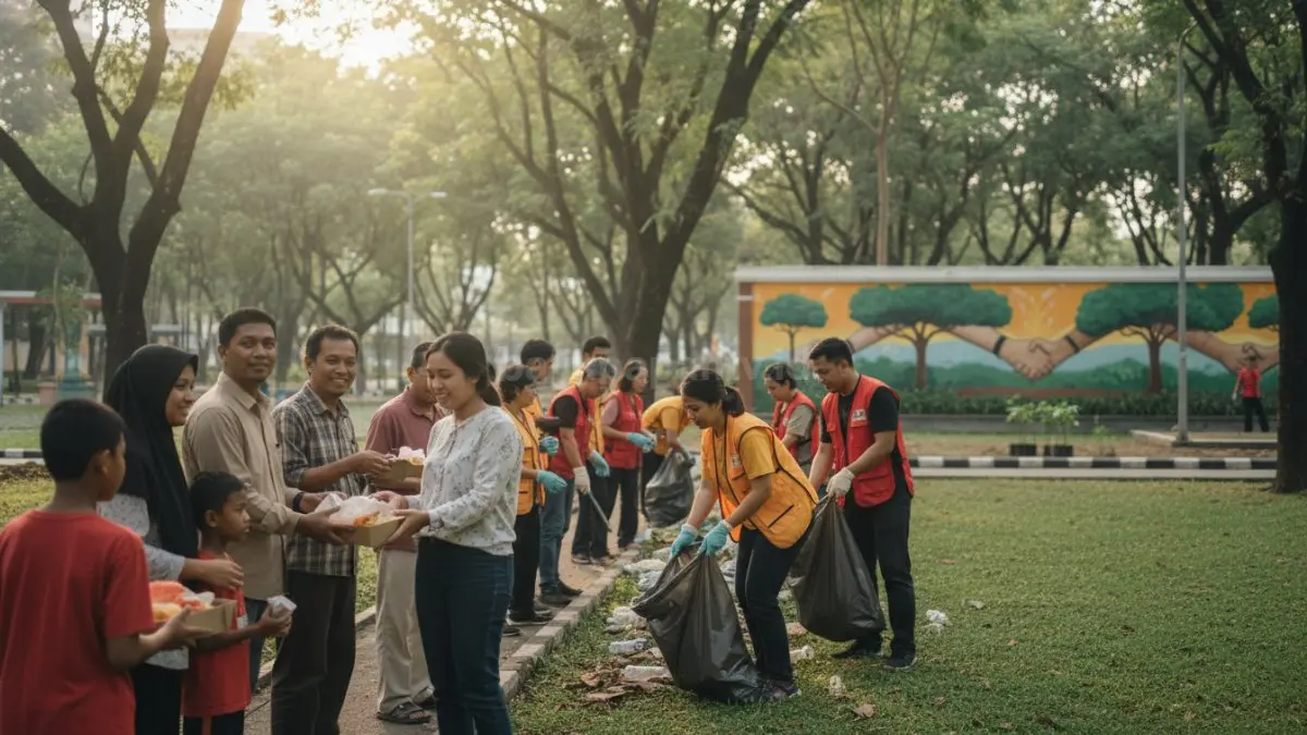 Sekelompok relawan membagikan makanan dan melakukan kegiatan lingkungan bersama, menampilkan interaksi hangat dengan tujuan sosial yang memperkuat rasa kebersamaan dan jaringan pertemanan.