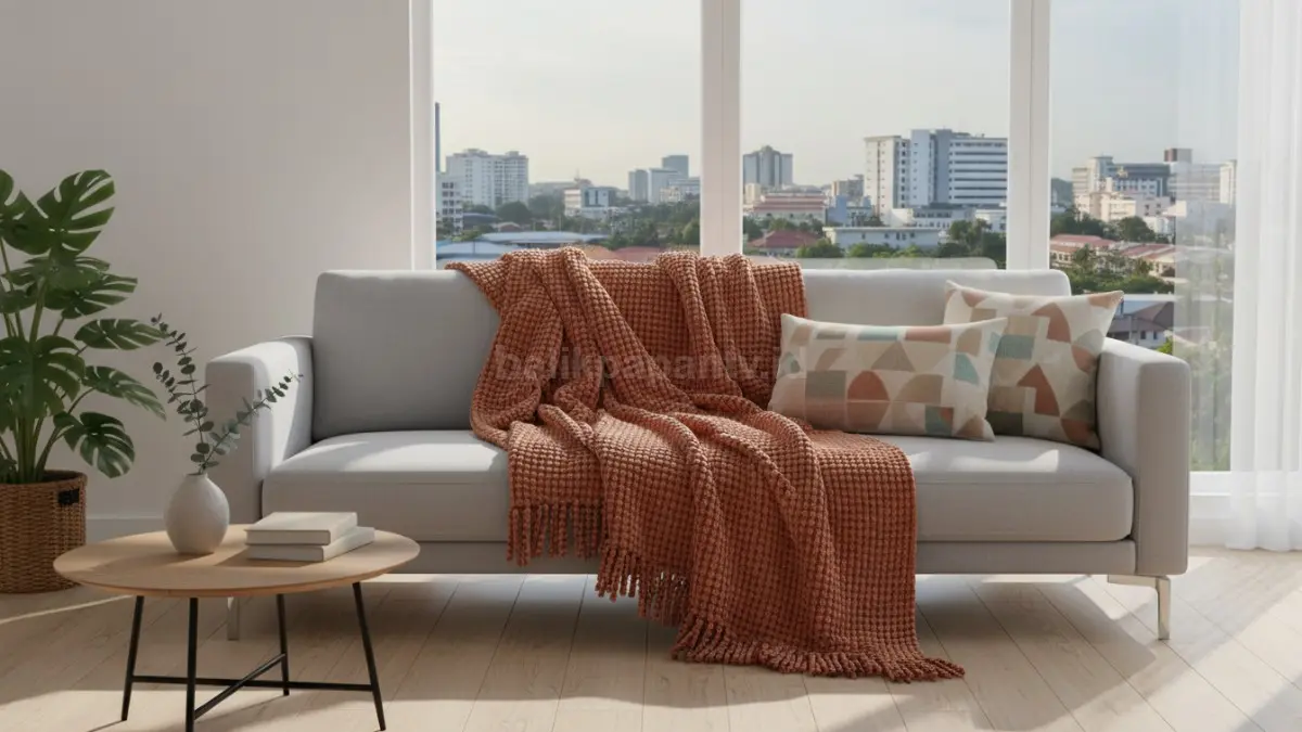 Selimut hias minimalis di sofa modern, tampil sederhana tapi elegan