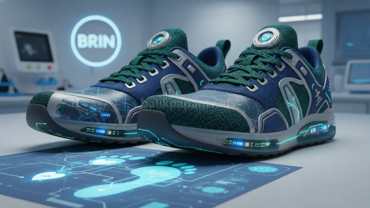 Sepatu pintar BRIN dengan sensor di sol, ilustrasi teknologi kesehatan berbasis langkah kaki