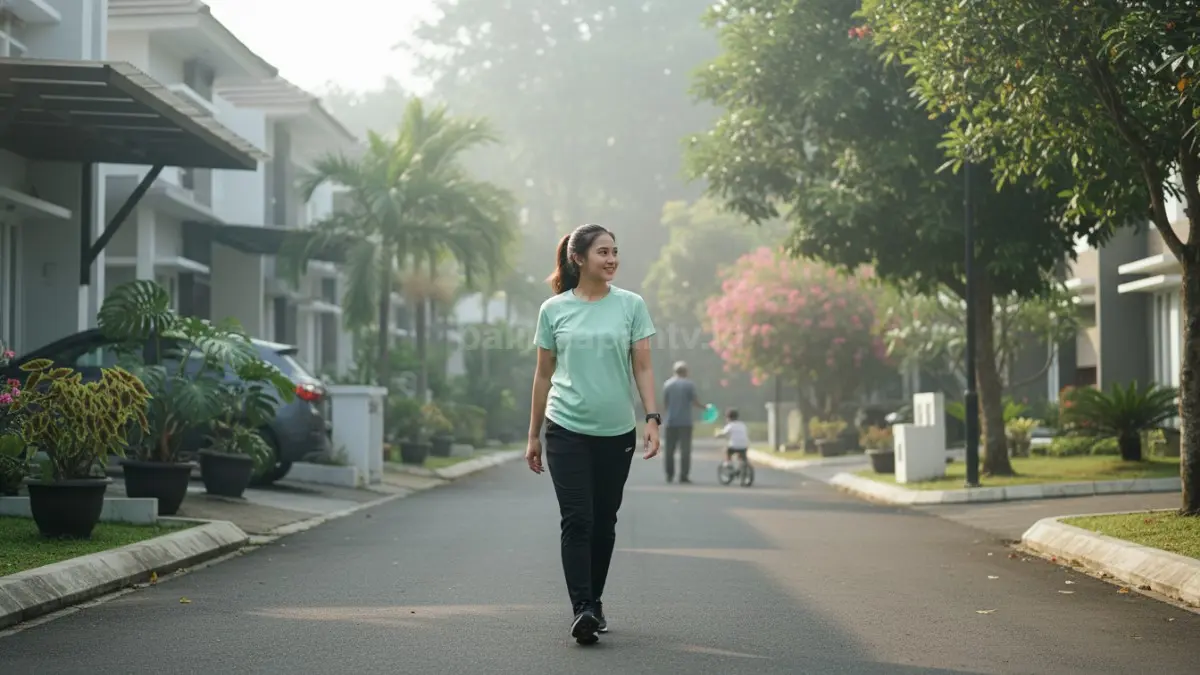 Seseorang berjalan kaki santai di lingkungan sekitar rumah sambil mengenakan pakaian kasual, dengan suasana pagi yang segar. Aktivitas ringan ini menggambarkan kebiasaan sederhana yang tetap memberi manfaat bagi kebugaran tubuh setiap hari.
