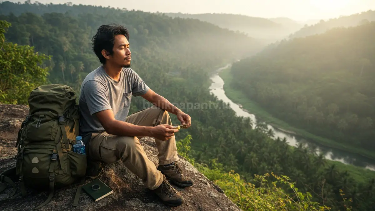 Seseorang melakukan solo traveling ke destinasi sederhana, menikmati suasana dengan tenang sebagai momen refleksi diri dan melatih kemandirian tanpa distraksi