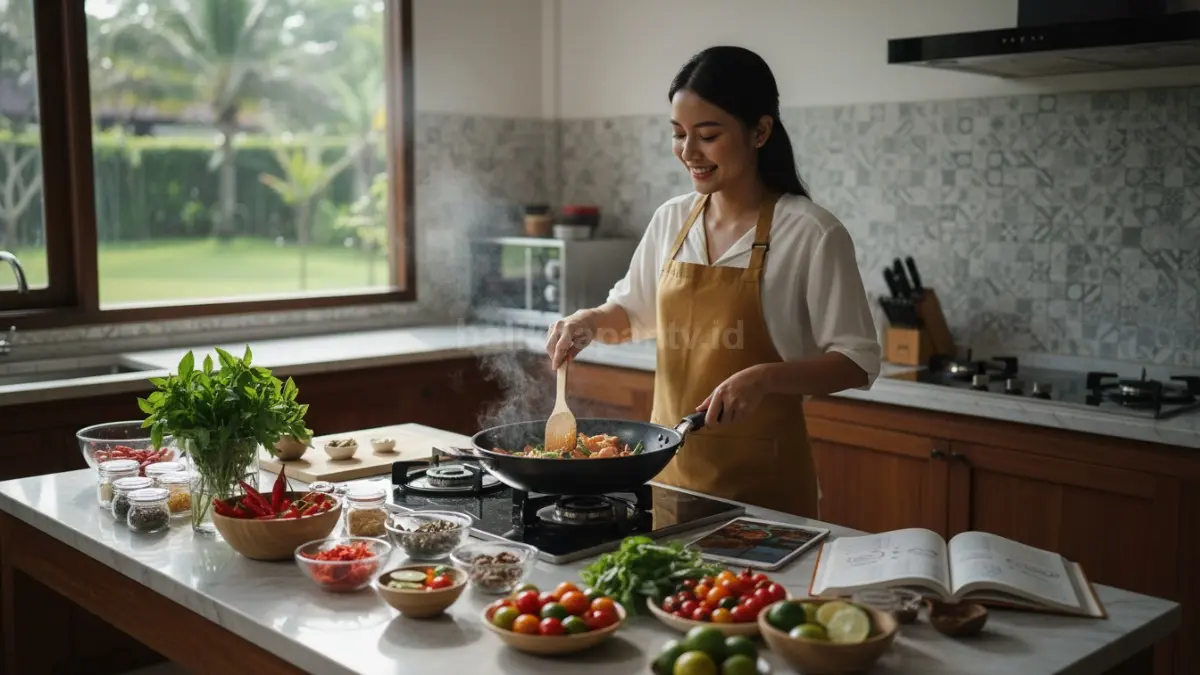 Seseorang memasak kreasi menu baru di dapur rumah dengan berbagai bahan segar, menampilkan proses kreatif yang melibatkan indera dan membantu pikiran lebih rileks.