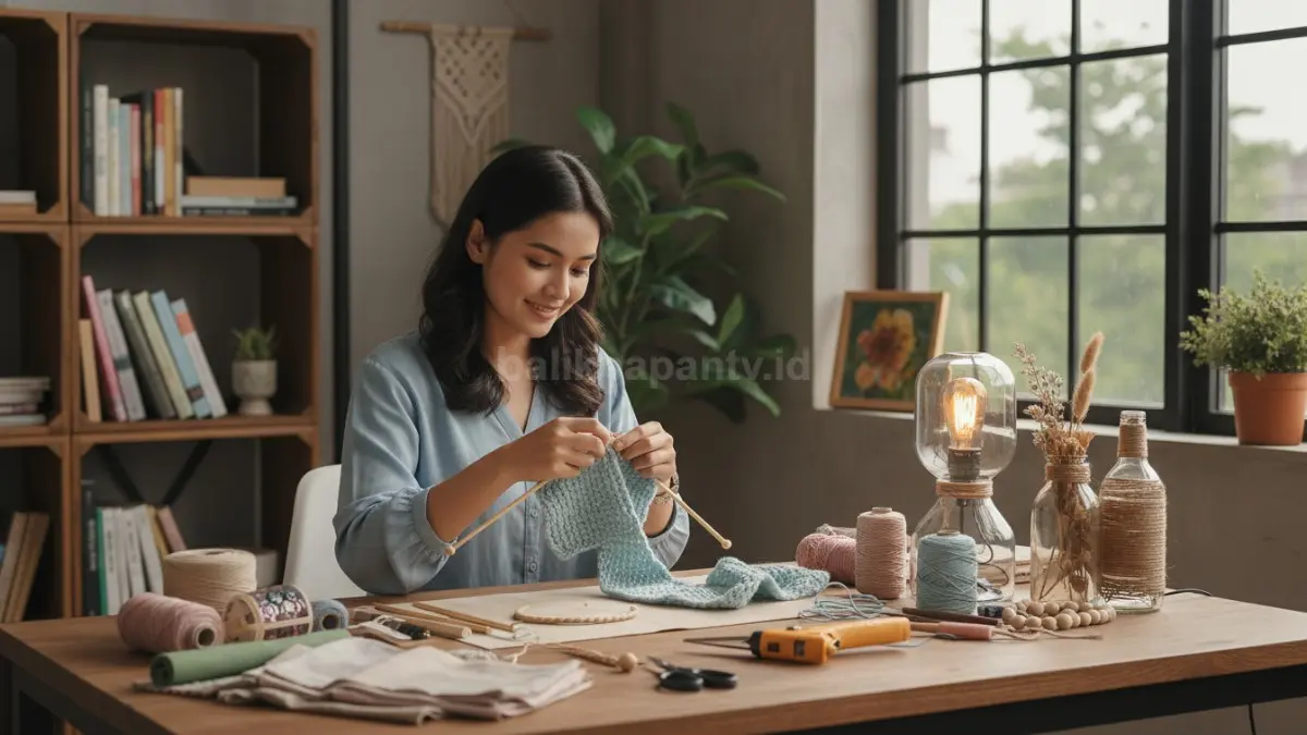 Seseorang membuat kerajinan tangan DIY seperti merajut atau mendekorasi barang bekas di meja kerja, menunjukkan proses kreatif yang melatih kesabaran sekaligus menghasilkan karya bernilai guna.