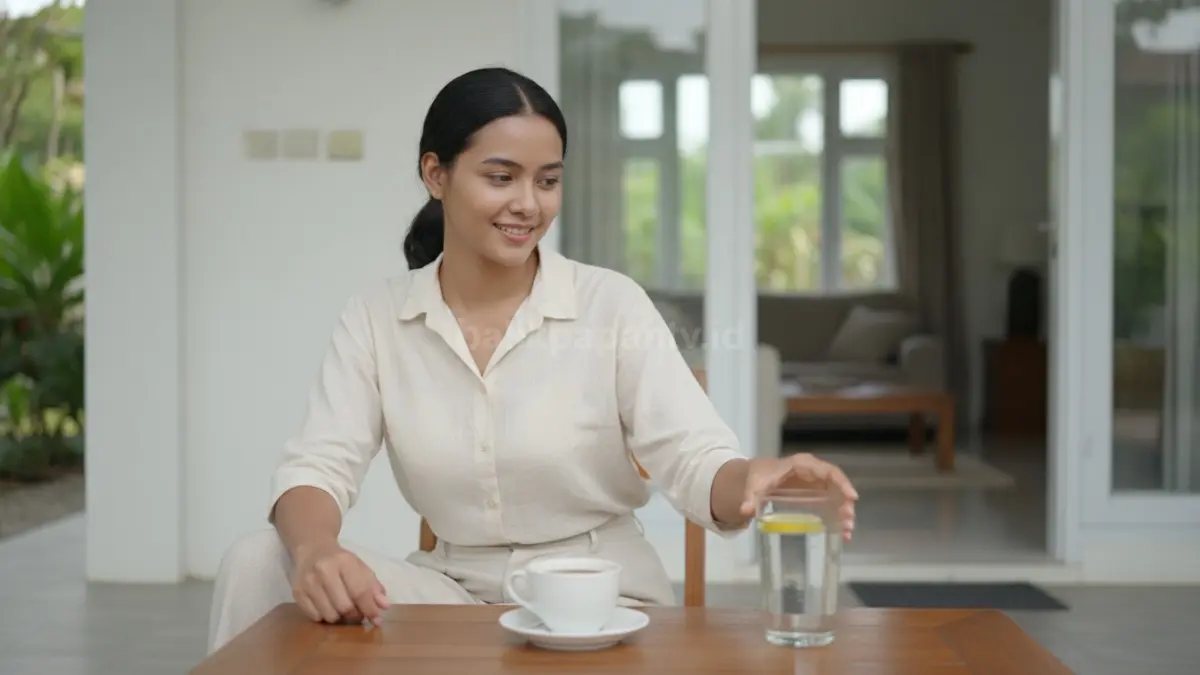 seseorang menahan diri dari minum kopi saat perut kosong dan memilih air putih sebagai alternatif, menggambarkan kebiasaan menghindari minuman pemicu untuk menjaga kondisi lambung tetap stabil.