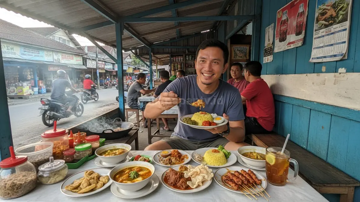 Seseorang mencicipi makanan khas daerah di warung lokal, menggambarkan pengalaman wisata kuliner yang memperkaya rasa sekaligus mengenal budaya setempat