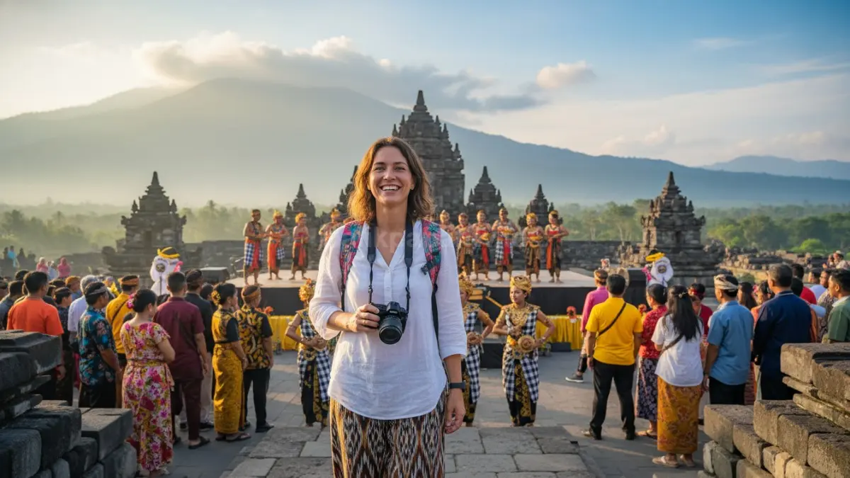 Seseorang mengunjungi tempat bersejarah atau mengikuti festival lokal, menggambarkan pengalaman traveling budaya yang memperluas wawasan dan memperkaya perspektif hidup