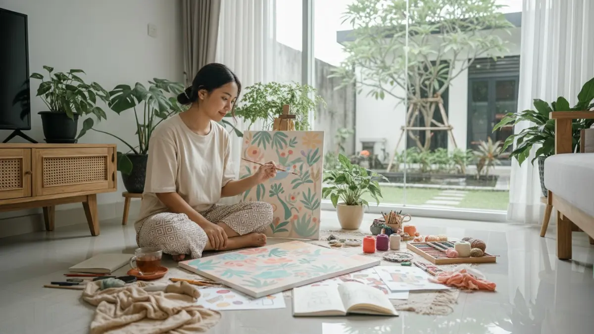 Seseorang menikmati aktivitas kreatif di rumah dengan suasana santai dan fokus