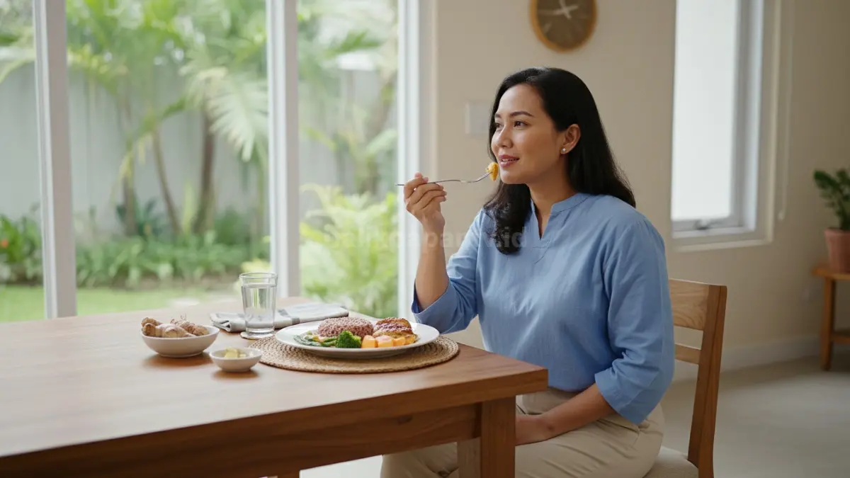seseorang menikmati makanan dengan tenang di meja makan dengan porsi seimbang, menunjukkan kebiasaan makan teratur dan mengunyah perlahan sebagai cara menjaga ritme lambung tetap stabil.