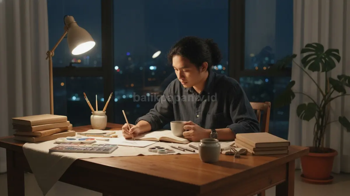 Seseorang sedang fokus menggambar atau menulis jurnal di meja kerja pada malam hari, menggambarkan momen hobi kreatif yang membantu menenangkan pikiran dan mengurangi stres setelah aktivitas harian.